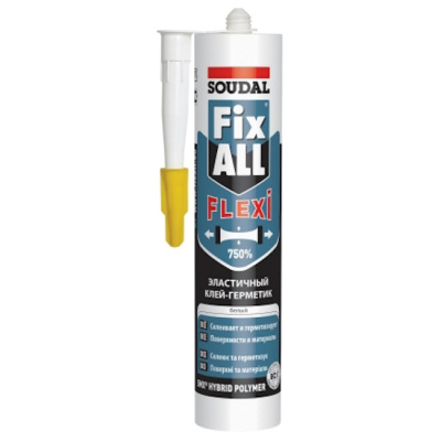 Клей герметик полиуретановый SOUDAL FIX ALL FLEXI - это чрезвычайно эластичный гибридный клей-герметик на основе гибридных полимеров SMX для применения внутри и снаружи помещений. Клеит также влажные материалы. Отличная адгезия ко всем строительным материалам и конструкциям - также влажным: бетону, кирпичу, натуральному камню, гипсокартону, дереву и древесным материалам, металлу, стеклу и керамике, большинству пластмасс, например, ПВХ, полистиролу, полиакрилам и поликарбонатам. Химически нейтральной, не вступает в реакцию с поверхностями, не оставляет пятен на краях пористых материалов Практически без запаха, не выделяет летучих органических соединений - соответствует требованиям классификации Emicode EC1 Plus. Стойкий к воздействию слабых кислот, щелочей, растворителей и масел. Стойкий к погодным условиям и УФ-излучению. После отвердения можно окрашивать – в том числе водными красками.